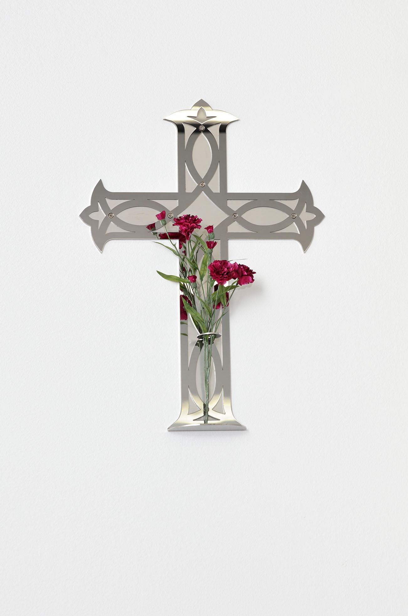What Do You Believe?, 2021plastic flowers, polished and unpolished stainless steel69 x 51 x 17 cm