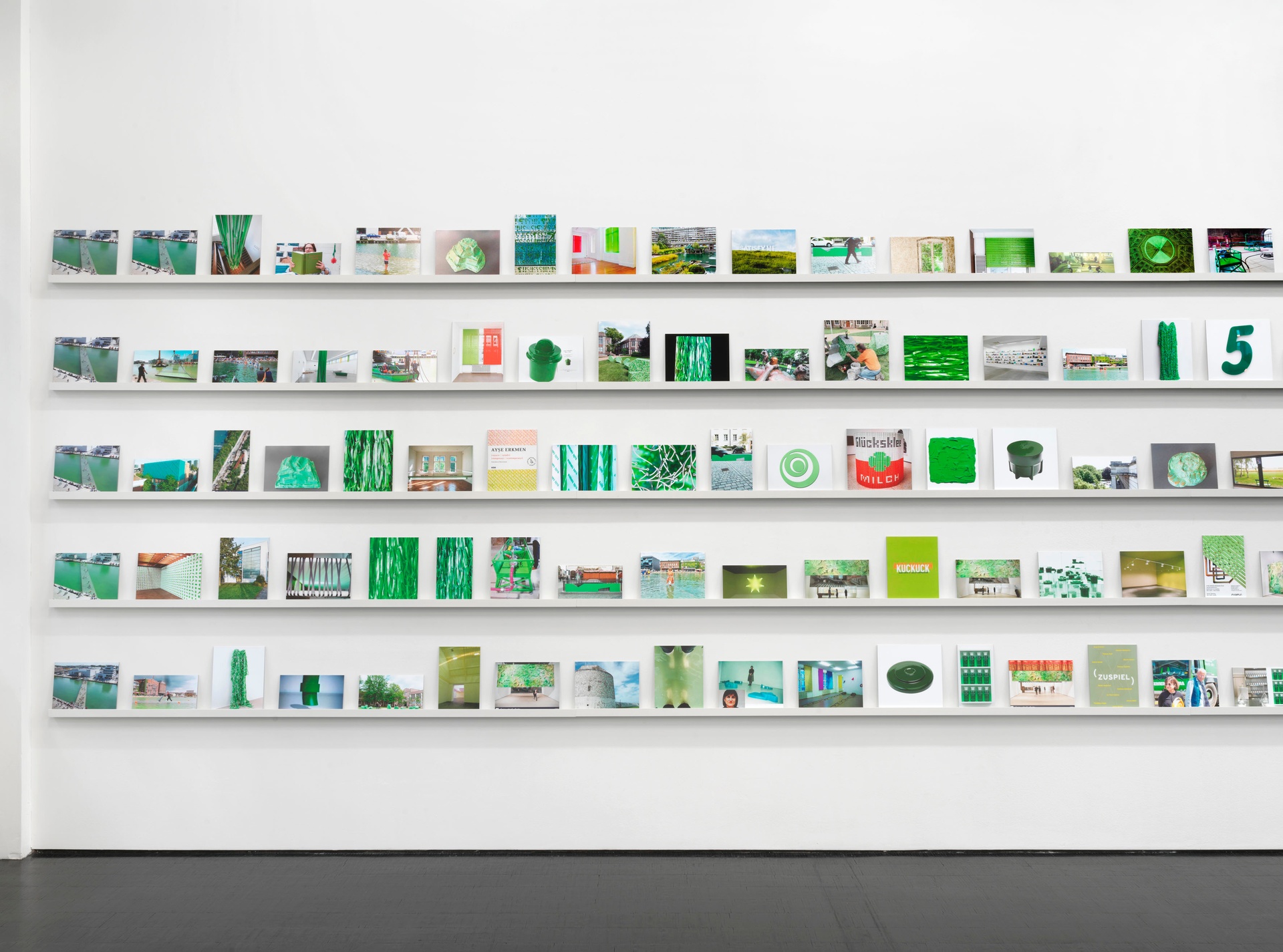 Itself (green), 2011/2021Archival pigment prints mounted on Dibond, shelvesDimensions variableInstallation view