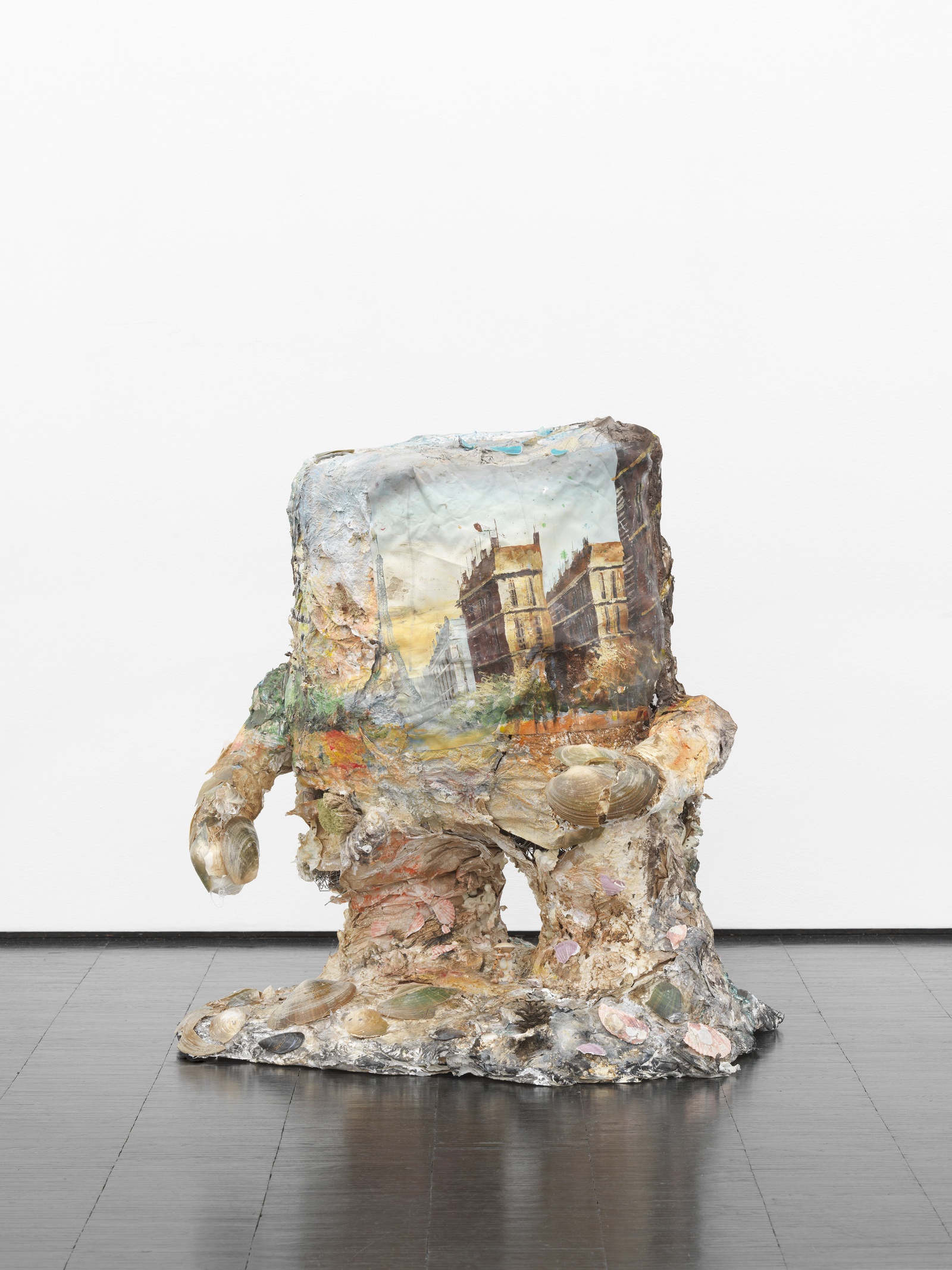Bernd das Bild, 2024Acrylic, canvas, paper-mâché, pasteboard, seashells, chicken wire, 75 x 50 x 52 cm