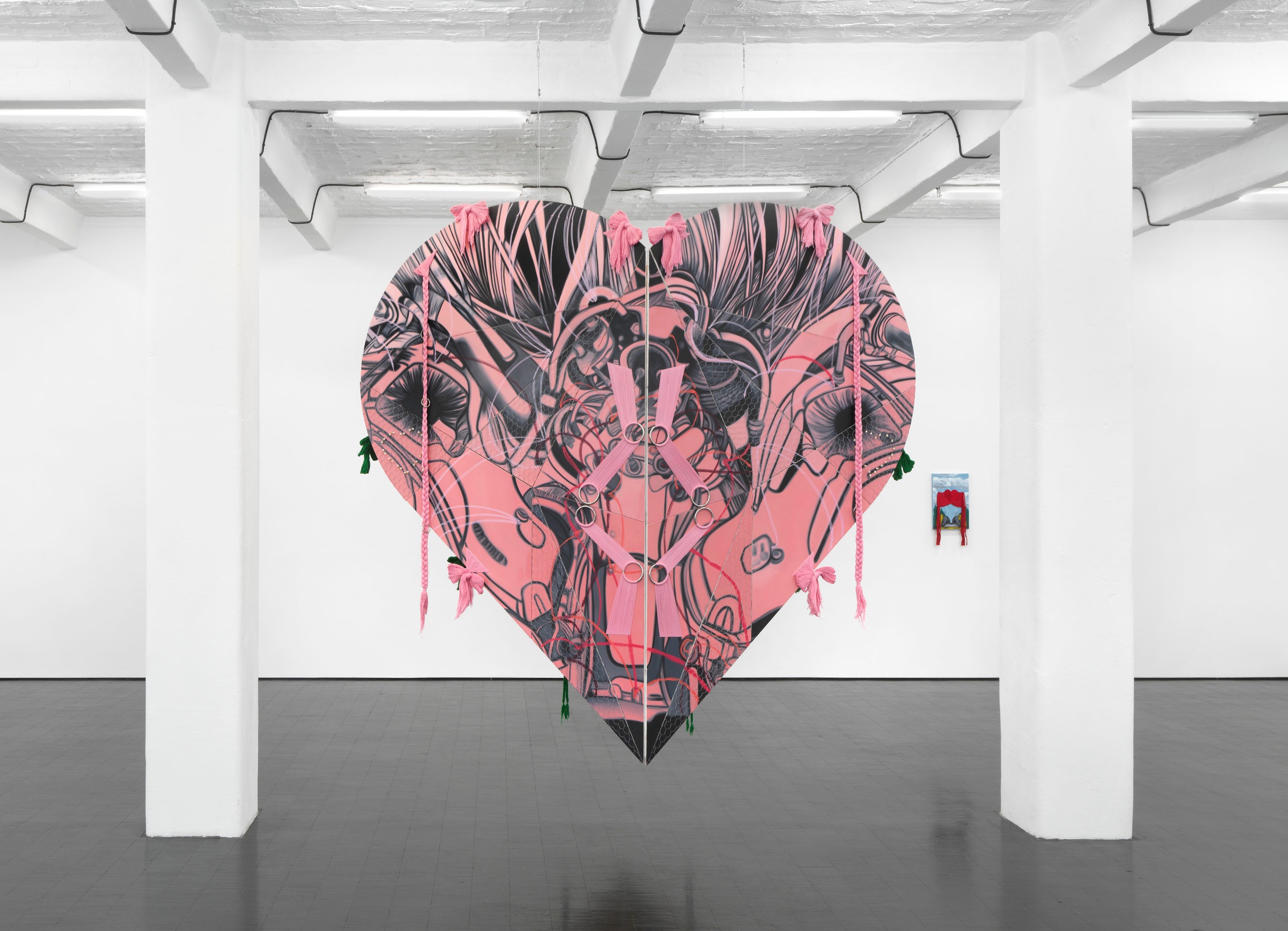 Frieda Toranzo JaegerOpen your heart because everything will change, 2023oil on canvas, embroidery, hardware; 32 parts275 x 285 x 75 cm | 108 1⁄4 x 112 1⁄4 x 29 1⁄2 in