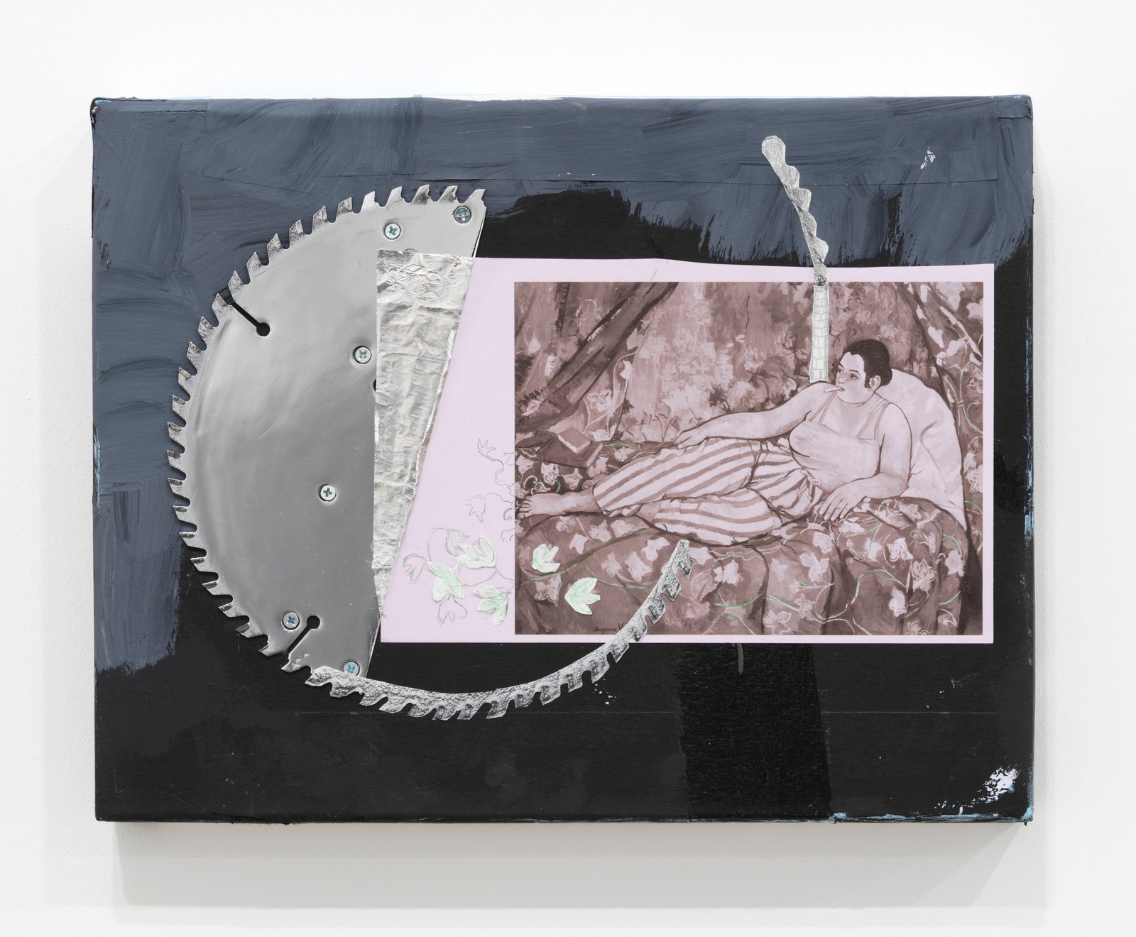 Blade, Not yet titled (with additions by Alice Creischer), 2020. pasteboard, paper, acrylic, chrome-plated saw blade. 24.5 x 32.5 x 4 cm