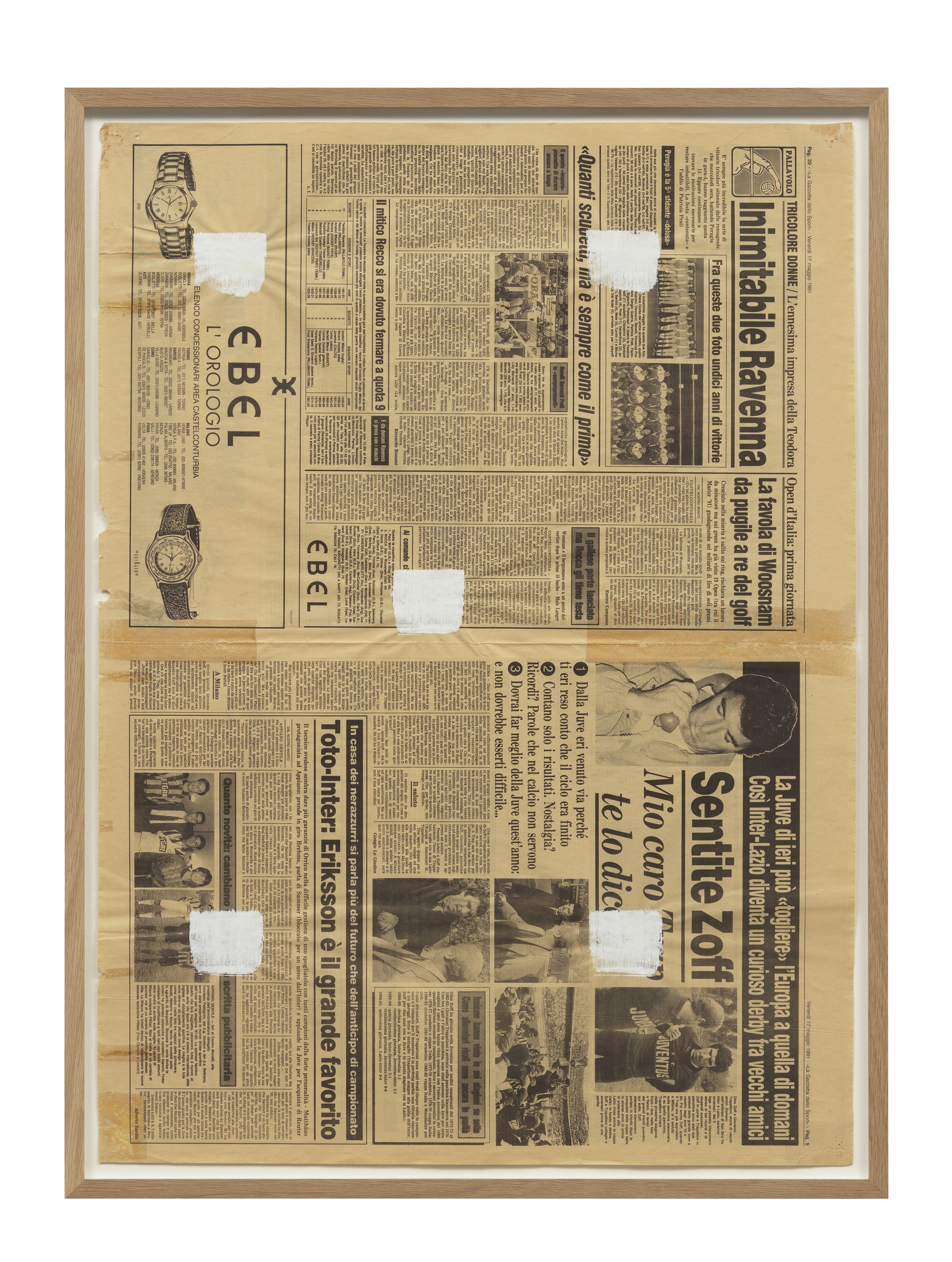 Niele ToroniEmpreintes de pinceau n° 50 appliquées à intervalles réguliers de 30 cm, 1991White acrylic on newspaper79 x 57.5 cm