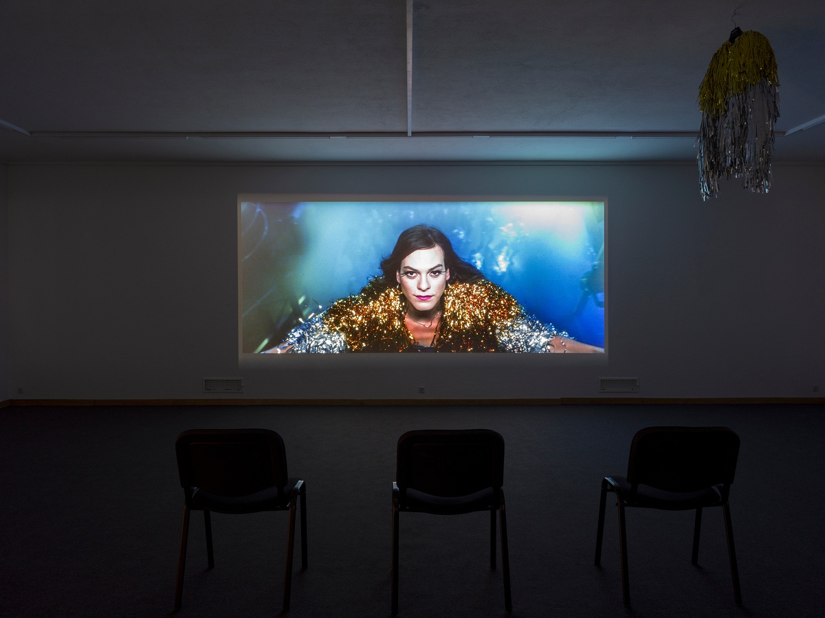 Puppies Puppies (Jade Guanaro Kuriki-Olivo)Una Mujer Fantástica (A Fantastic Woman), 2019Video projection (HD, color, sound), LED light box, tinted Toyota Corolla window, custom jacket, polished metal, mirror, public poster campaign