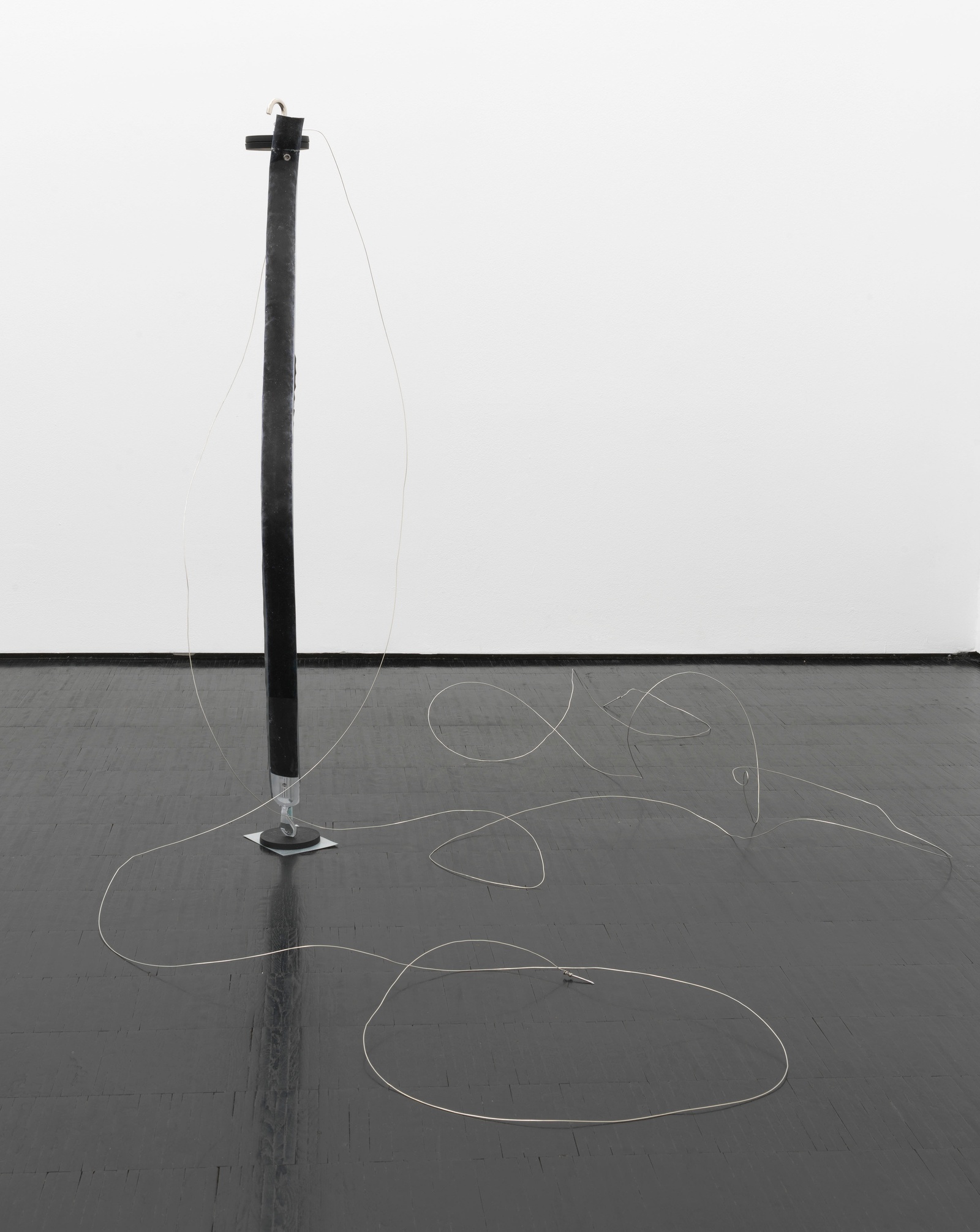 With a Crooked Stance, 2021. acrylic, metal, clay, inkjet print, steel rod, wire, nails, magnets. 42.5 x 190 x 56 cm
