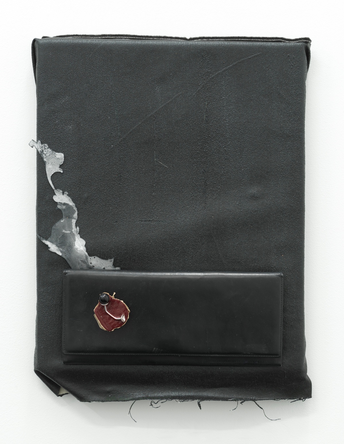Forge, 2021. acrylic, paper, cardboard, cufflink, synthetic leather, carpet on canvas. 47 x 34 x 3.5 cm