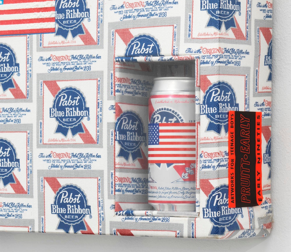 Pruitt &amp; Early. Artwork for Teenage Boys (Pabst, American Flag Six Pack), Early 1990s (detail). heat transfer on fabric with plastic shrink wrap, beer cans with decals, in six parts. 175.26 x 116.84 cm