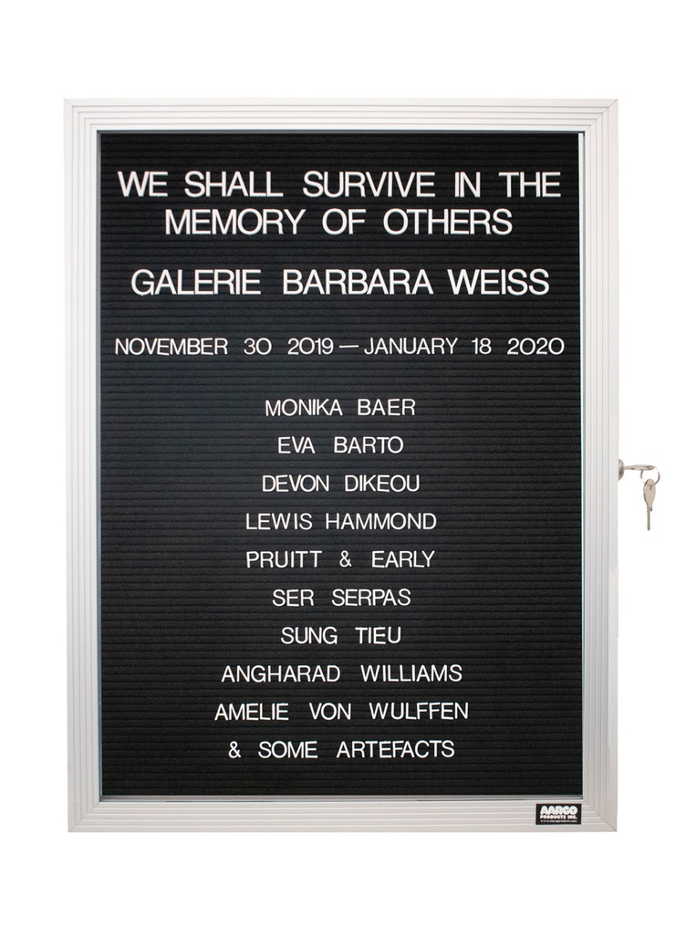 Devon Dikeou. WHAT'S LOVE GOT TO DO WITH IT? We Shall Survive in the Memory of Others, 1991. Ongoing Lobby Directory Board Listing Artists, Gallery, Curators, Exhibition Titles, Dates, Replicating the Lobby Directory Board work table 420 West Broadway. 60.96 x 45.72 cm