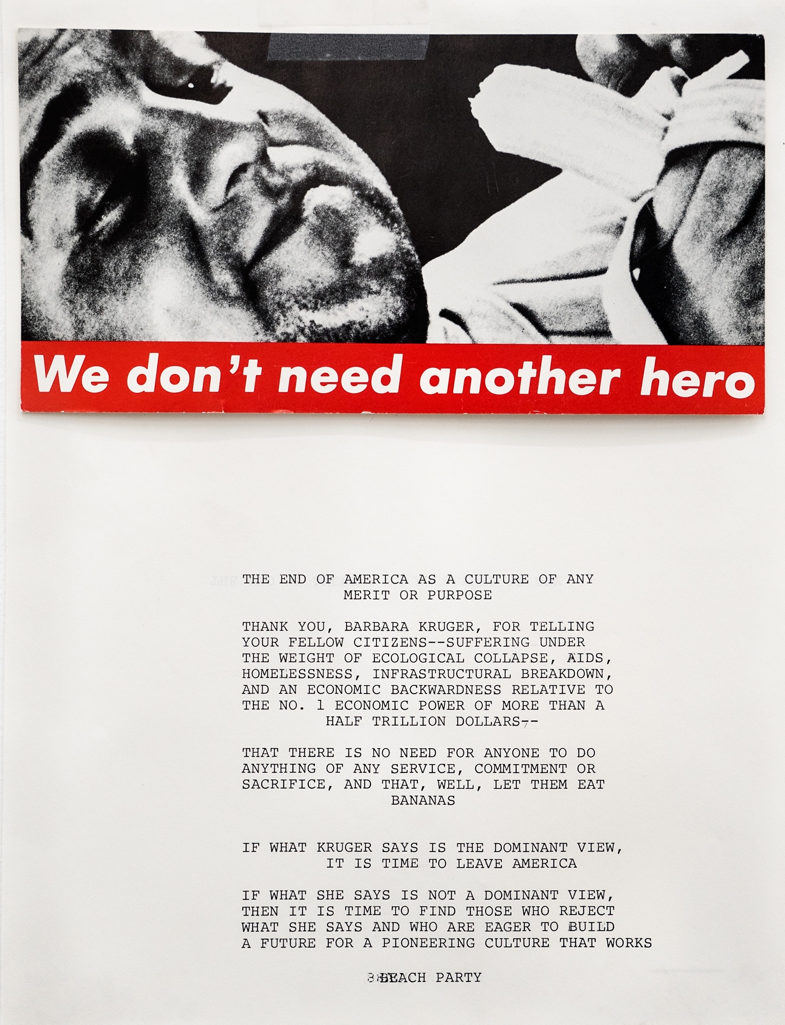 Peter Fend. We don ́t need another hero, 1988. invitation card on paper. 28 x 22 cm